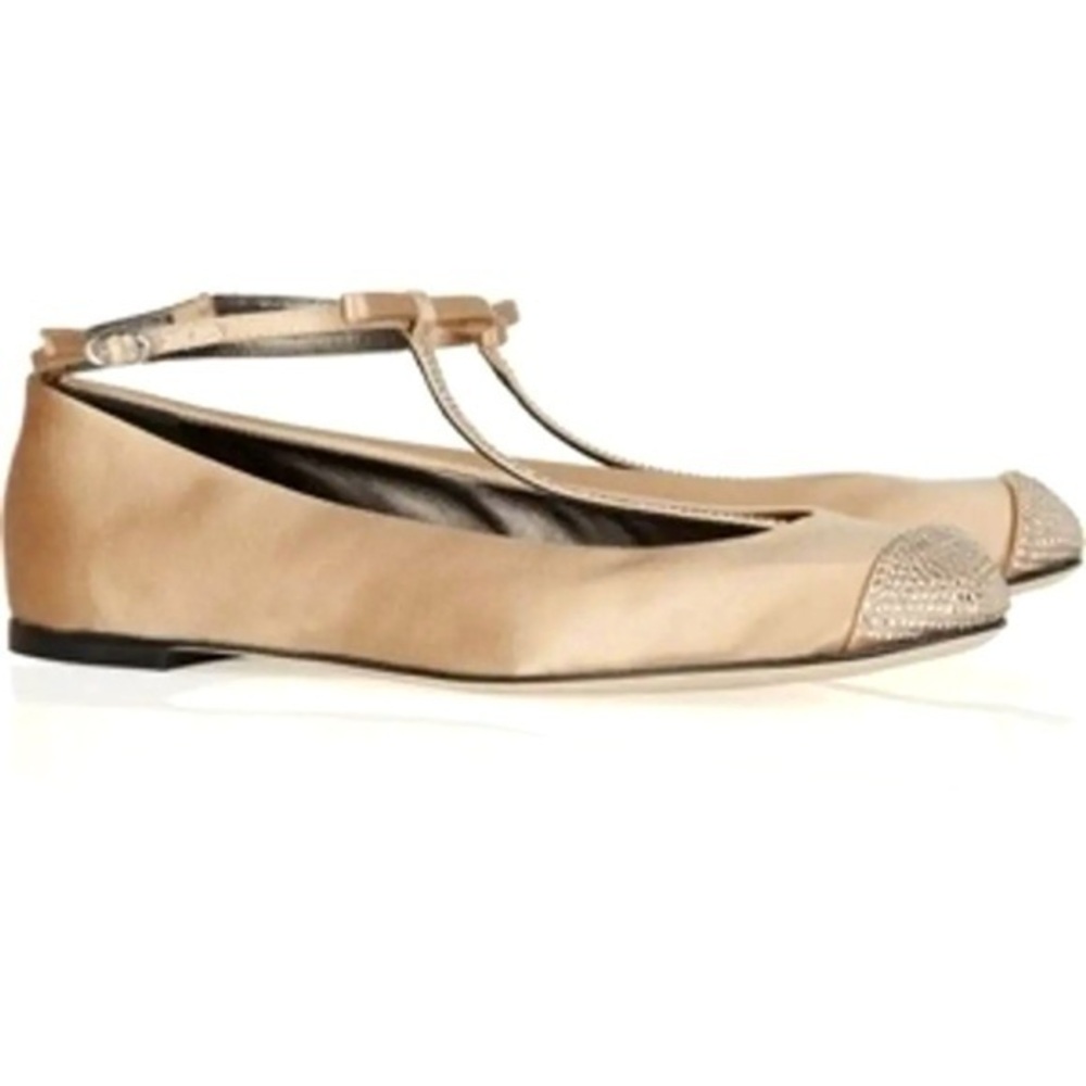 GIUSEPPE ZANOTTI champagne satin Swarovski crystal t-strap ballet flats